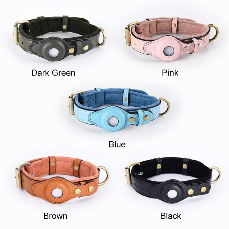 Leather Anti-Lost Dog Collar With Apple Airtag holder