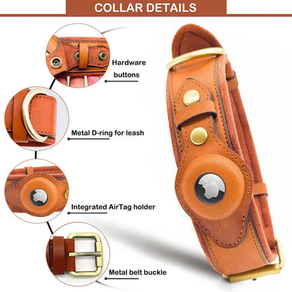 Leather Anti-Lost Dog Collar With Apple Airtag holder