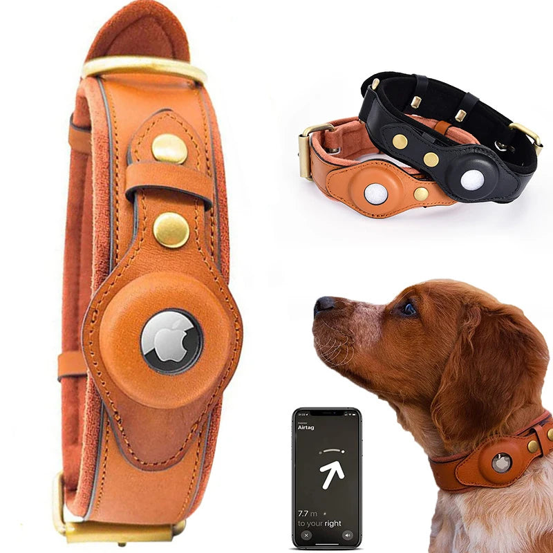 Leather Anti-Lost Dog Collar With Apple Airtag holder